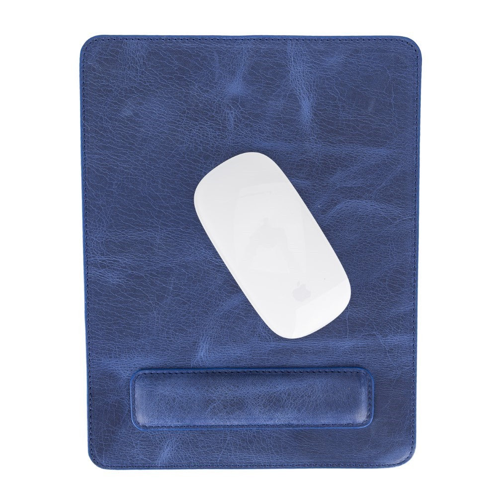 Genuine Leather Mouse Pad with Ergonomic Wrist Rest - Blue