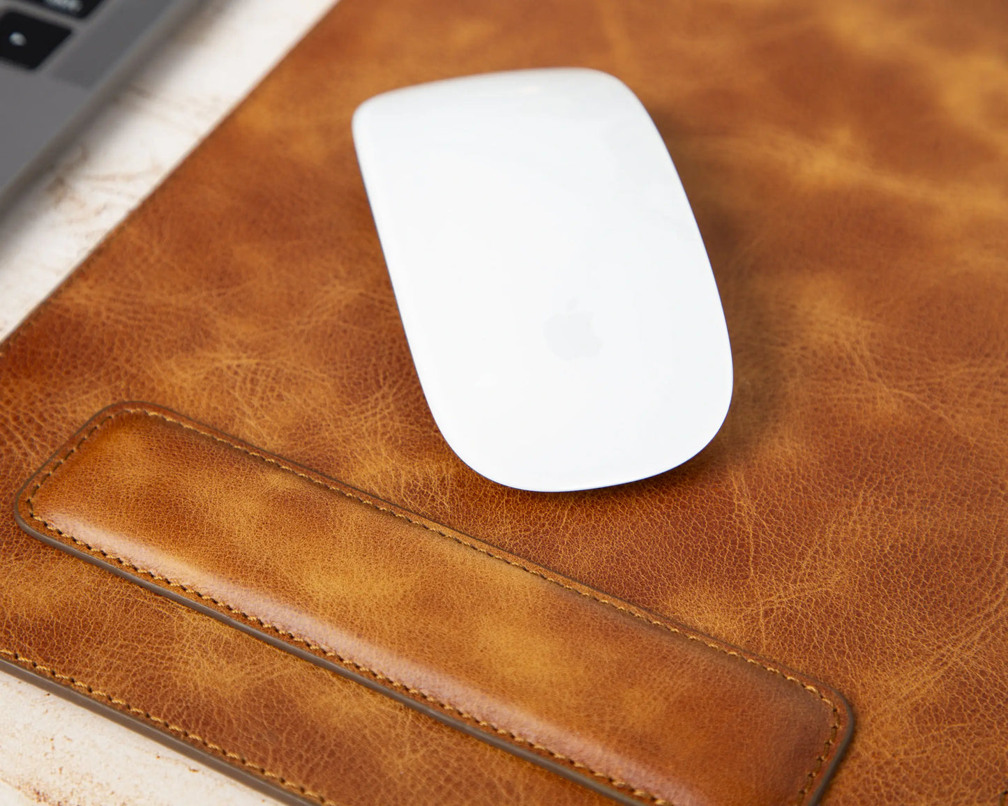 Genuine Tan Leather Mouse Pad with Ergonomic Wrist Rest