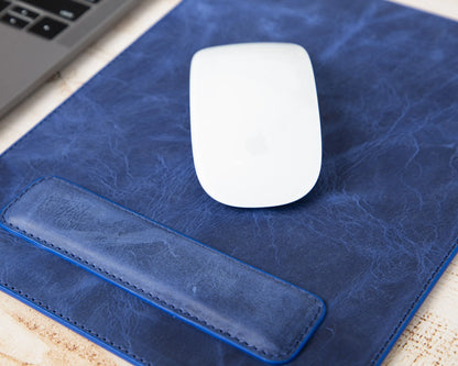 Genuine Leather Mouse Pad with Ergonomic Wrist Rest - Blue