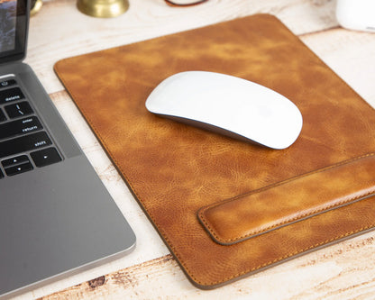 Genuine Tan Leather Mouse Pad with Ergonomic Wrist Rest