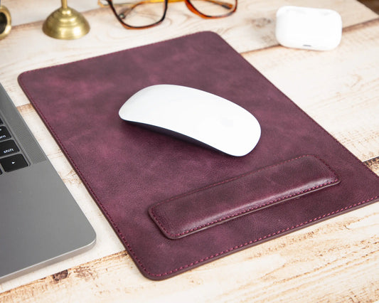 Genuine Leather Mouse Pad with Ergonomic Wrist Rest - Purple