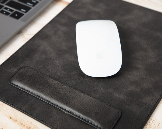 Genuine Leather Mouse Pad with Ergonomic Wrist Rest - Black