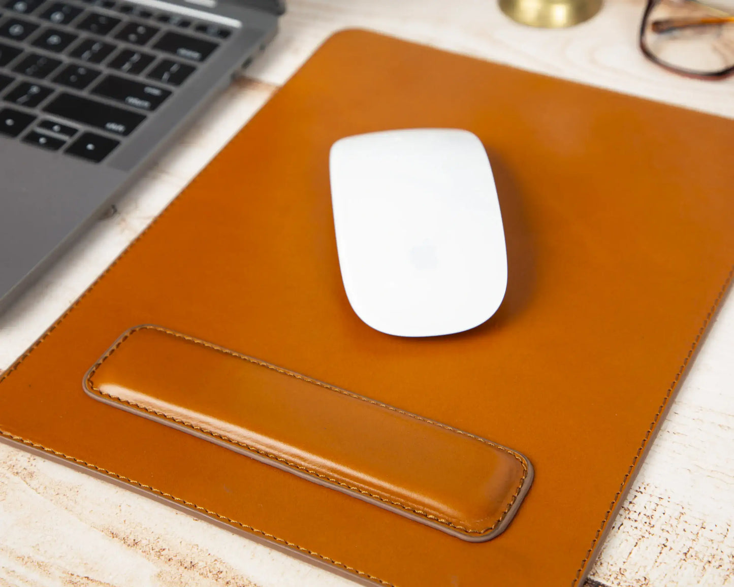 Genuine Leather Mouse Pad with Ergonomic Wrist Rest - Tan