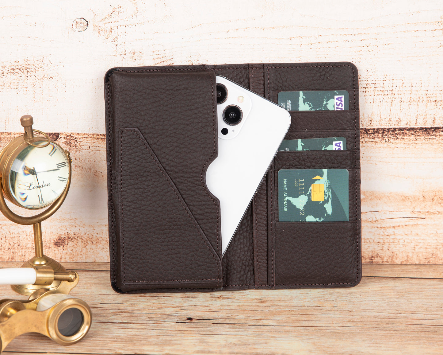 Pinario | Personlanized | 6.5" Long Phone Wallet | Brown Genuine Leather