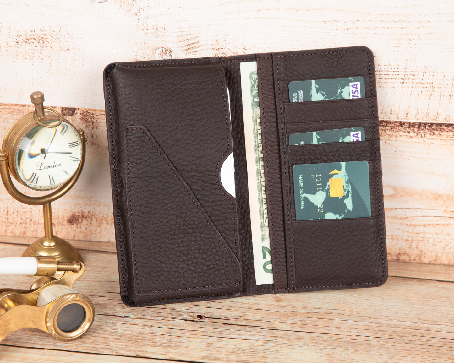 Pinario | Personlanized | 6.5" Long Phone Wallet | Brown Genuine Leather