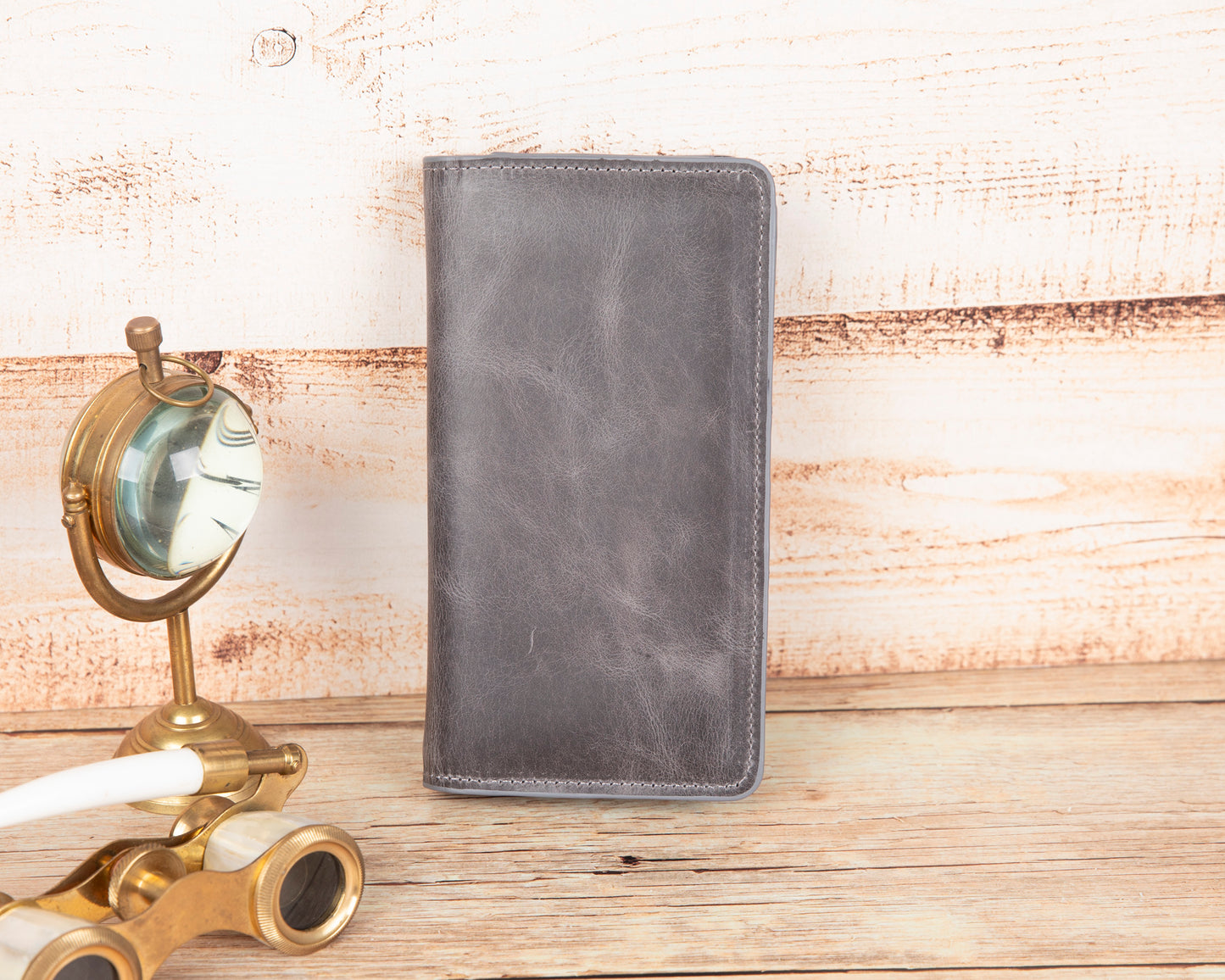 Pinario | Personlanized | 6.5" Long Phone Wallet | Gray Genuine Leather