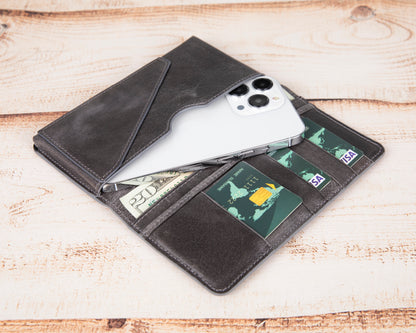 Pinario | Personlanized | 6.5" Long Phone Wallet | Gray Genuine Leather