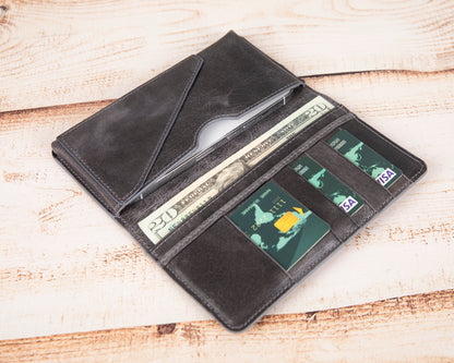 Pinario | Personlanized | 6.5" Long Phone Wallet | Gray Genuine Leather