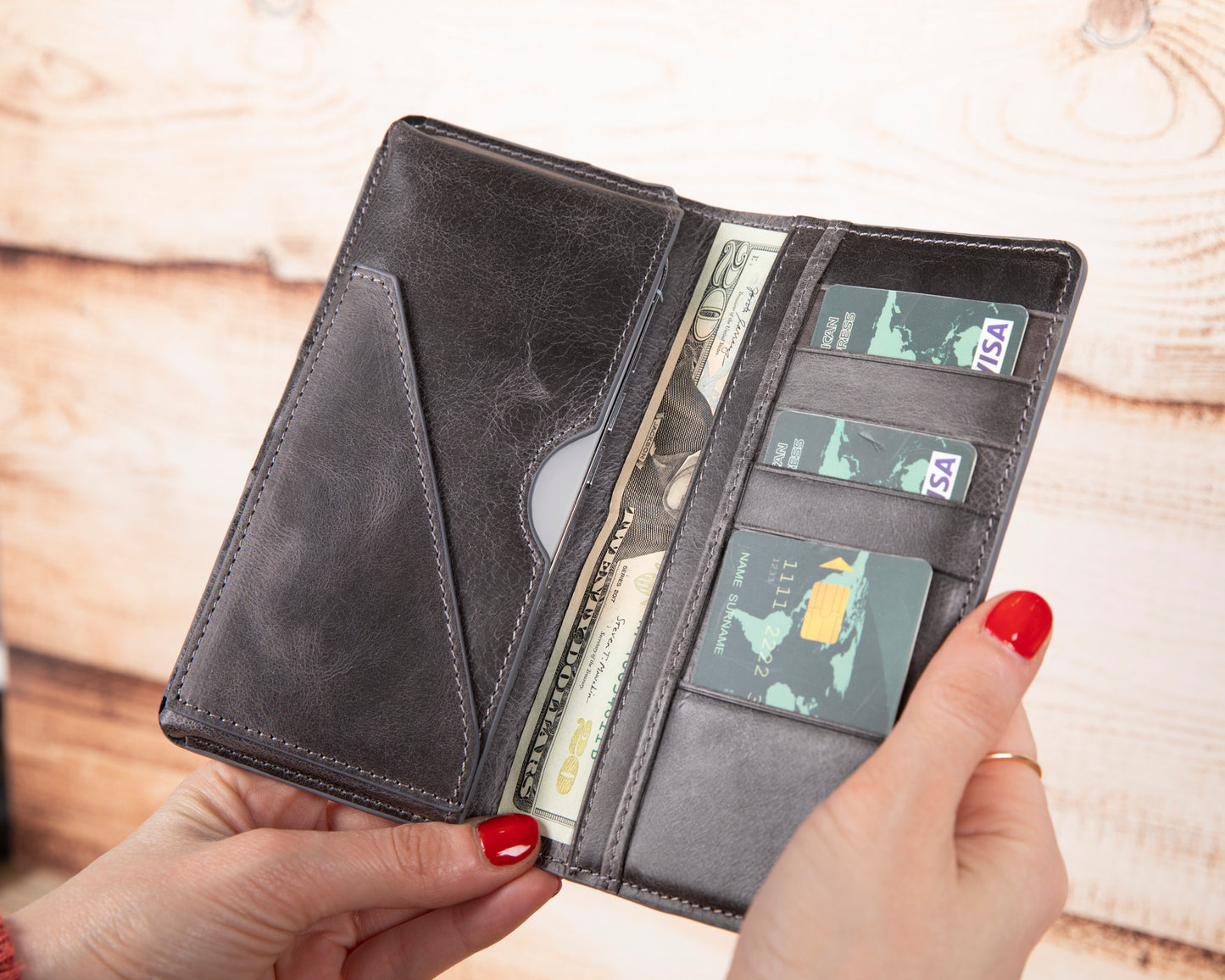 Pinario | Personlanized | 6.5" Long Phone Wallet | Gray Genuine Leather