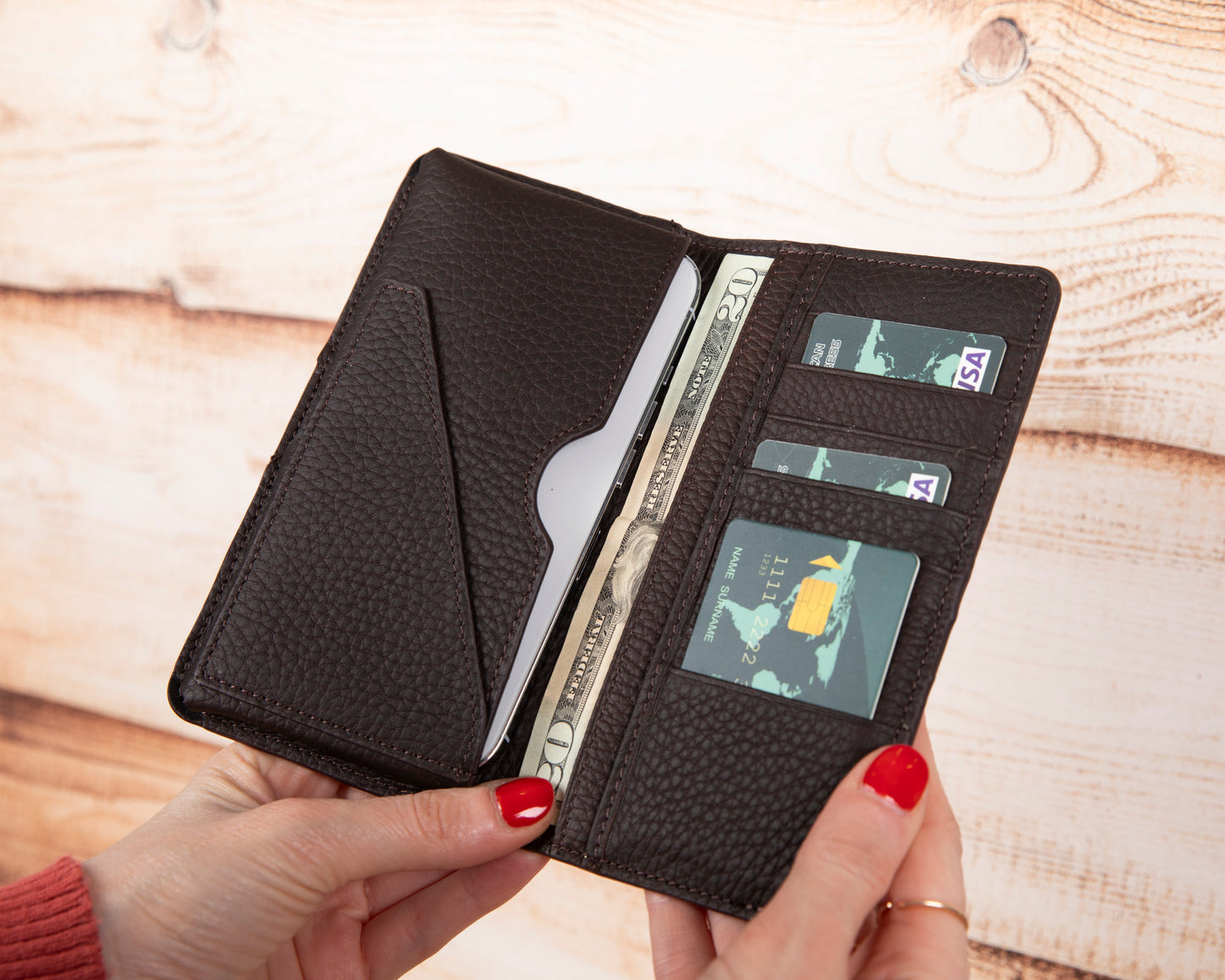 Pinario | Personlanized | 6.5" Long Phone Wallet | Brown Genuine Leather