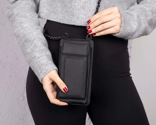 Leather Crossbody Phone Bag - Black - 6.9"