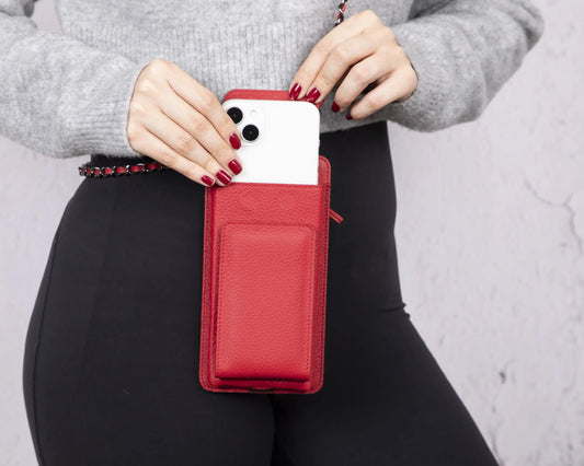 Leather Crossbody Phone Bag - Red - 6.9"