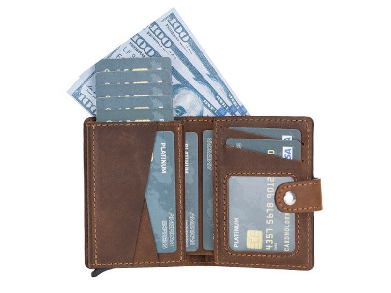 Pinario | RFID Blocking Airtag Wallet | Pop Up Card Holder Bifold Wallet | Brown Leather