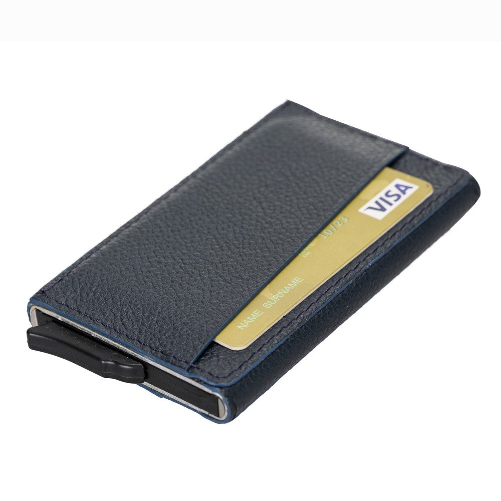 Pinario | Men's RFID Blocking Pop-Up Leather Card Holder | Dark Blue | Sleek & Compact