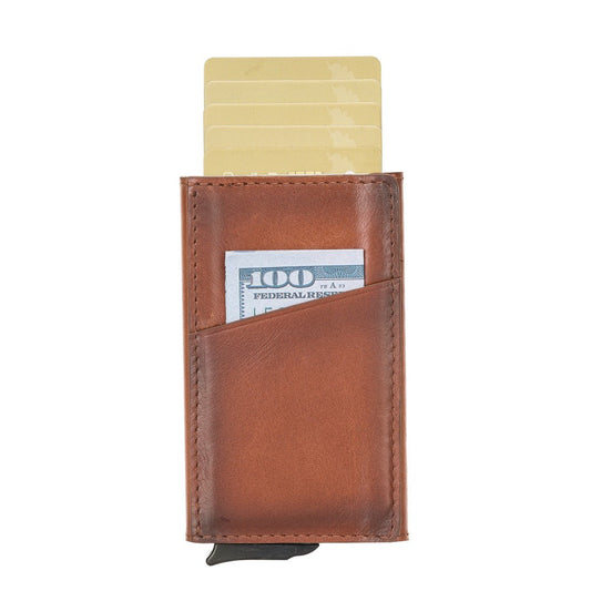 Pinario | Tan Leather Card Holder | Pop Up Design | RFID Blocking | Holds 7 Cards